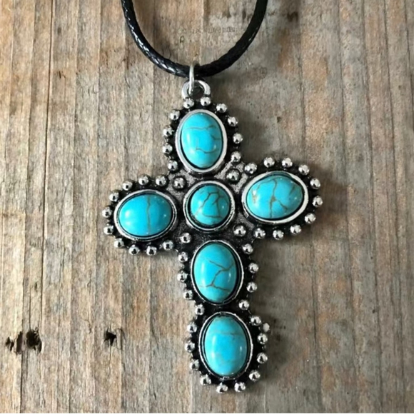 NEW Southwest Turquoise Cross Pendant Necklace Silver Tone Boho Western - Picture 2 of 4